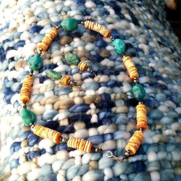 Handcrafted Turquoise and Orange Beaded Necklace PURCHASED ISANTA FE! VINTAGE - Picture 1 of 11